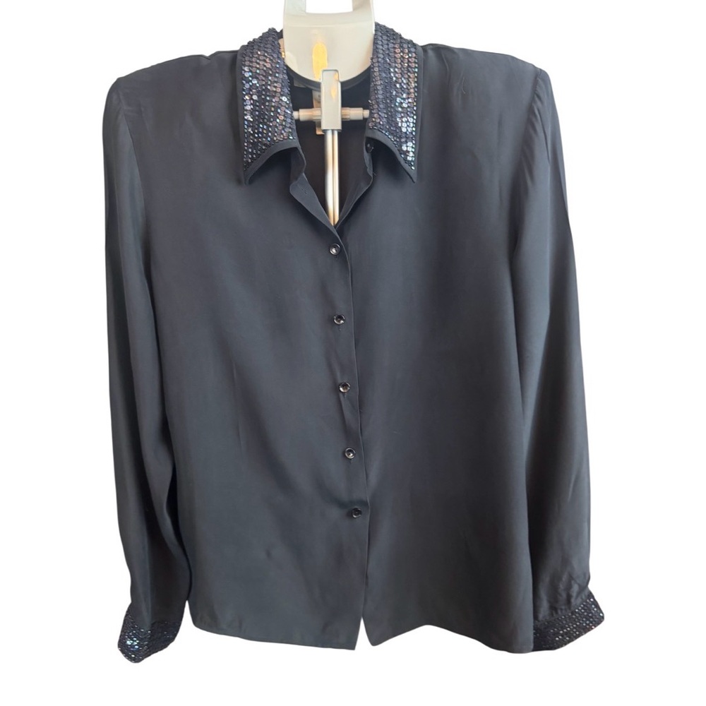 Jones New York Navy Button-Front Blouse with Sequin Collar 100% silk